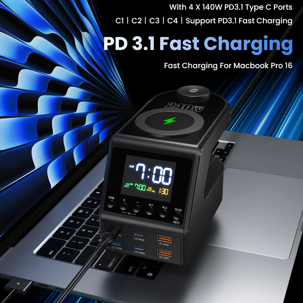 محطة شاحن GaN بقدرة 240 وات 4 × 140 وات PD3.1 USB...