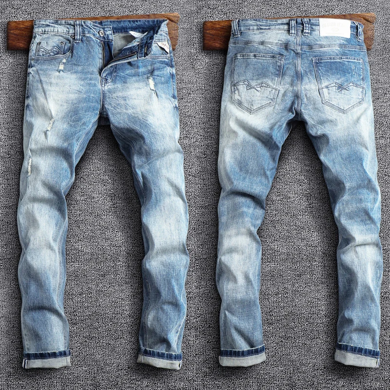 Streetwear Fashion Men Jeans Elastic Retro Light Blue Elastic Slim Ripped Jeans Men Vintage Designer Casual Denim Pants Homvbre spring autumn light blue jeans men s korean fashion loose casual jeans men harajuku streetwear retro wide leg straight jeans men