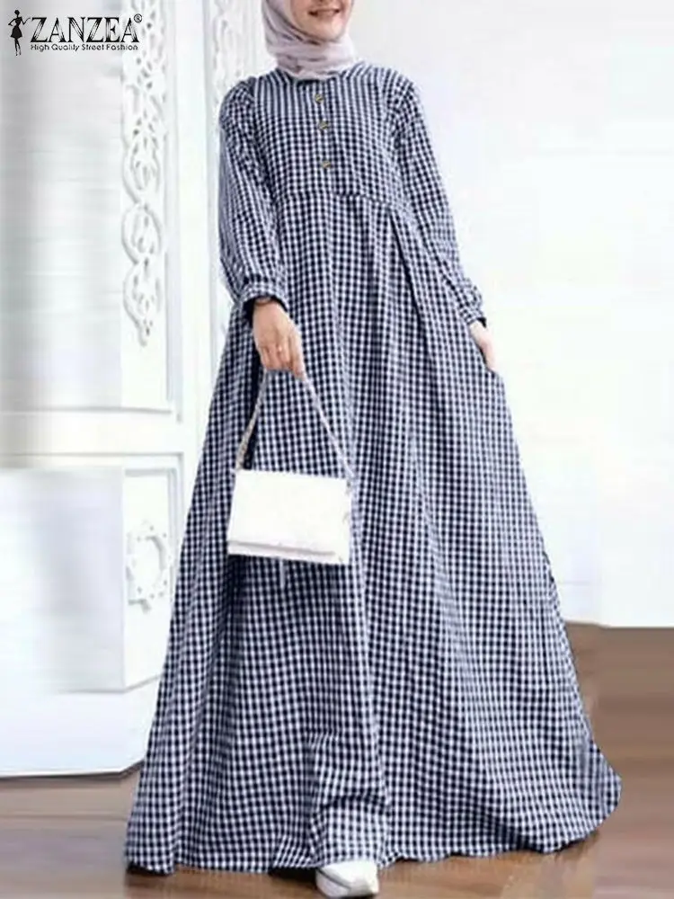 

Платье ZANZEA мусульманское в клетку с принтом, длинный сарафан с длинным рукавом в винтажном стиле, Турецкая Дубайская абайя, весна