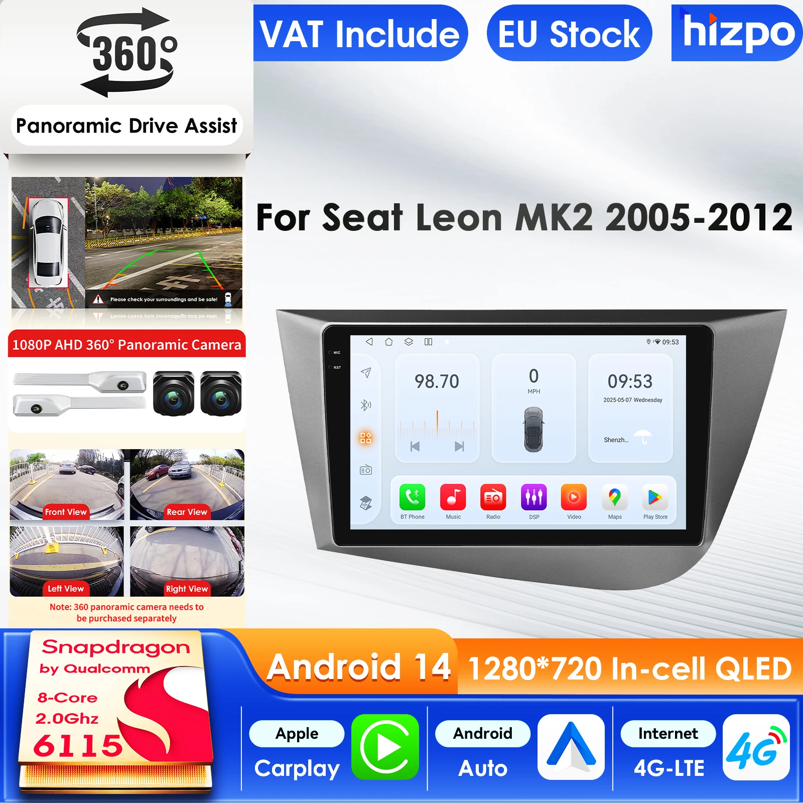 Hizpo 9 Zoll Carplay 4G AI Systeme Android 14 Autoradio Für Seat Leon 2 MK2 2005-2012 Multimedia Video Player GPS 2din Autoradio