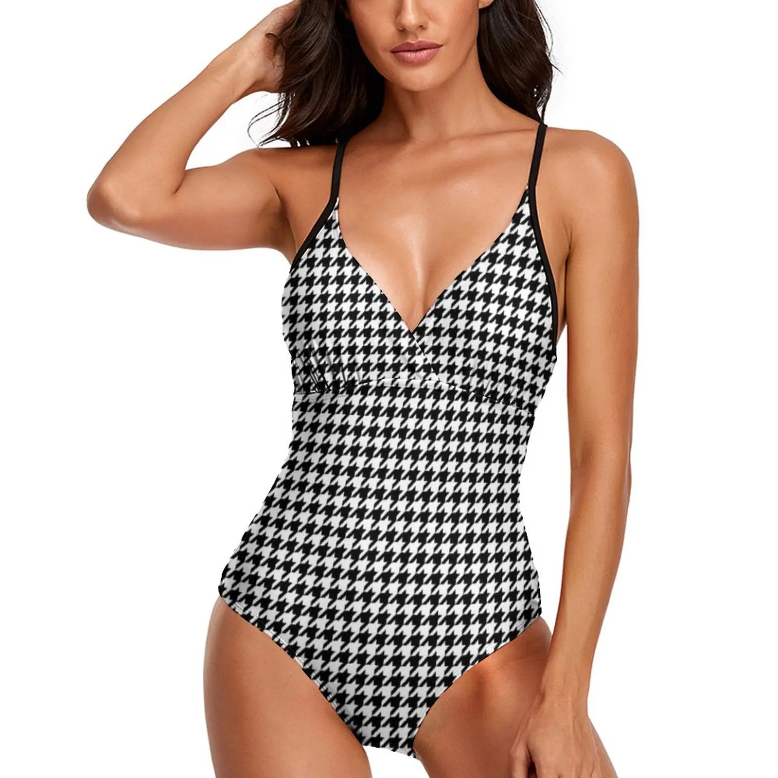 

Black White Houndstooth Swimsuit Trendy Deco Chic Classic Swimwear One Piece Graphic Swimsuits Women Push Up Bathing Suit