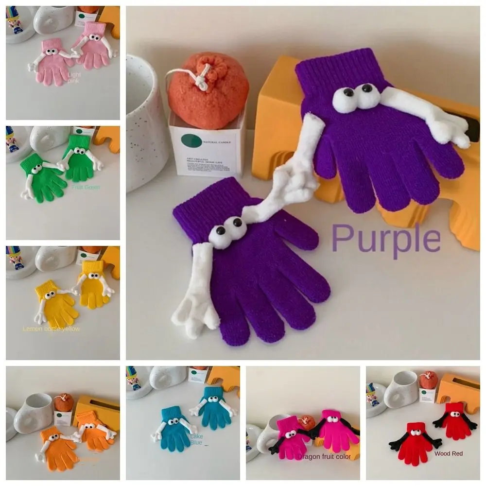 Touch Screen Hand in Hand Magnetic Knitted Gloves Big Eyed Doll Warm Kids Gloves Open Fingered Soft
