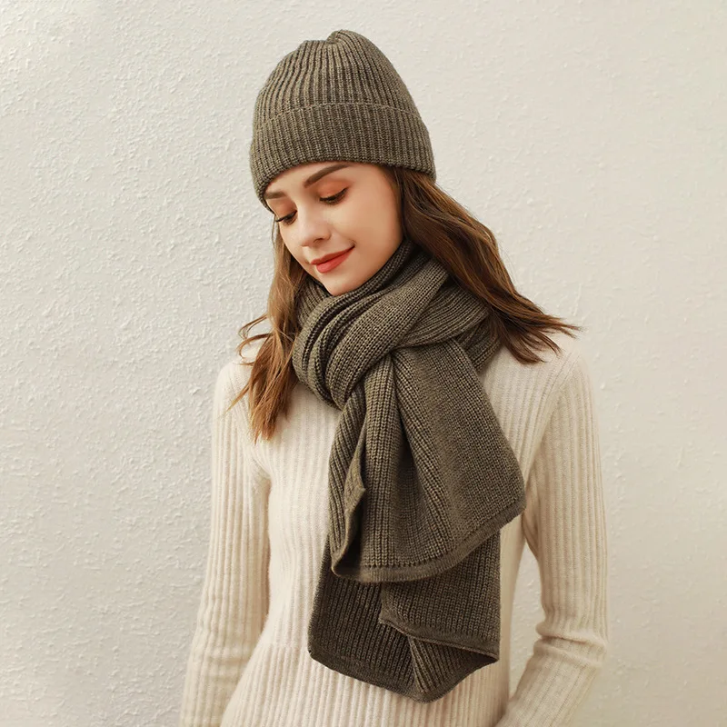 Pure Color Rib Knit Scarf & Hat Sets Female Imitation Cashmere Warm Long  Muffler Winter Round Top Woolen Yarn Cap Scarves Women - AliExpress