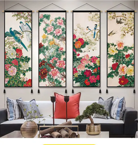 Description Picture 3 of itemChinese Peony Flower Bird Hanging Paintings with Wealth Wealth Implications Tapestry Living Tea Room Study Decoration Painting