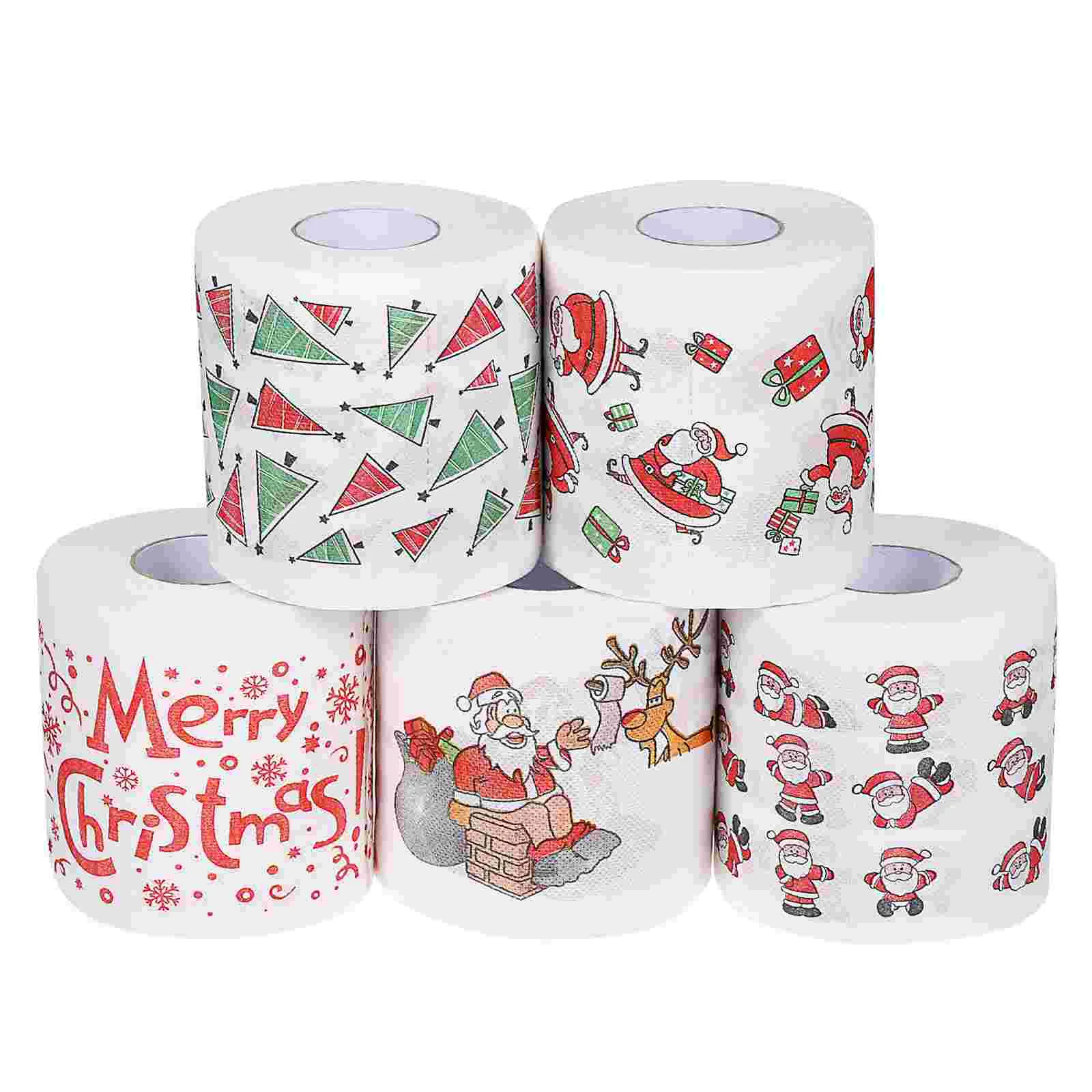 

ULTNICE 5 Rolls Christmas Pattern Toilet Papers Rolls Santa Clause Bath Dinner Tissue Paper Disposable Napkins