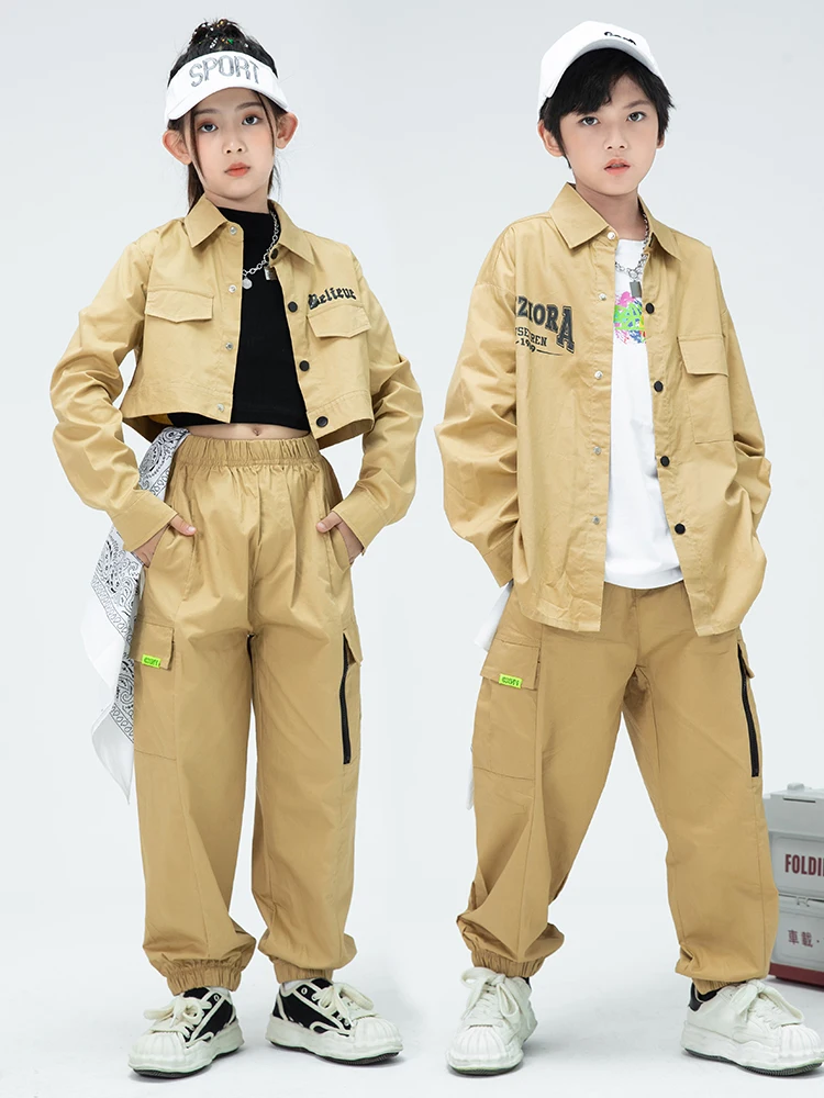 

Kids Hip Hop Dance Costume Tooling Clothes For Girls Khaki Navel Jazz Performance Outfit Kpop Stage Wear Boys Hiphop Suit BL9353