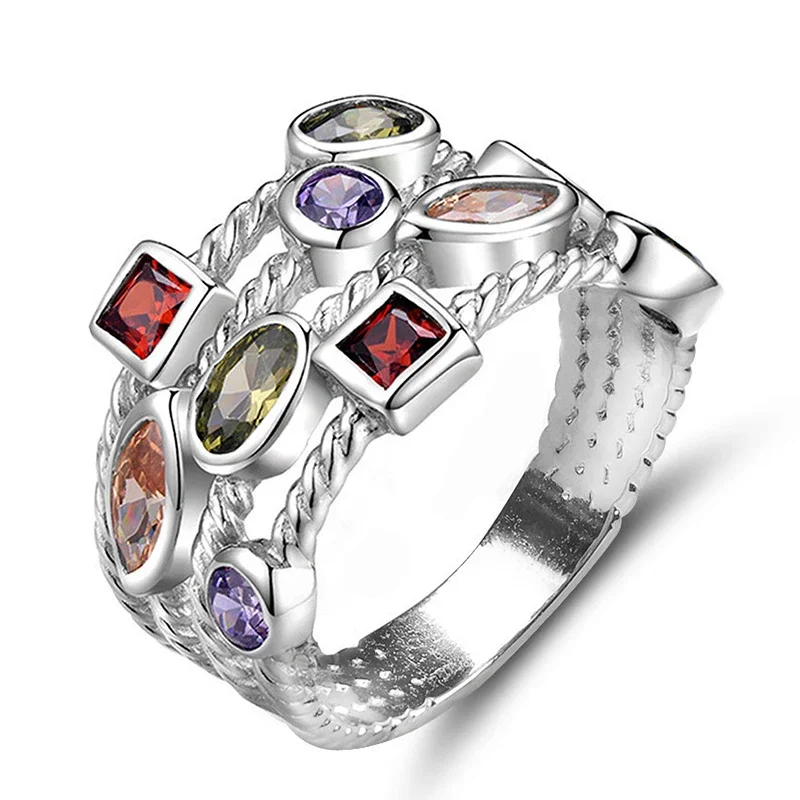 Milangirl Popular Colorful Cubic Zirconia Delicate Women Ring Jewelry Wedding Bridal Band Cross Geometric CZ Dancing Party Rings