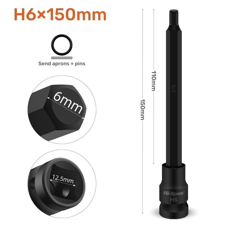 Hi-Spec 150 mm 8-teiliges Innensechskant-Set H4-H12 S2 Sechskantschlüssel-Längenadapter 1/2 CR-MO-Schraubendreher-Bits-Set mit Magnet – Detail 4
