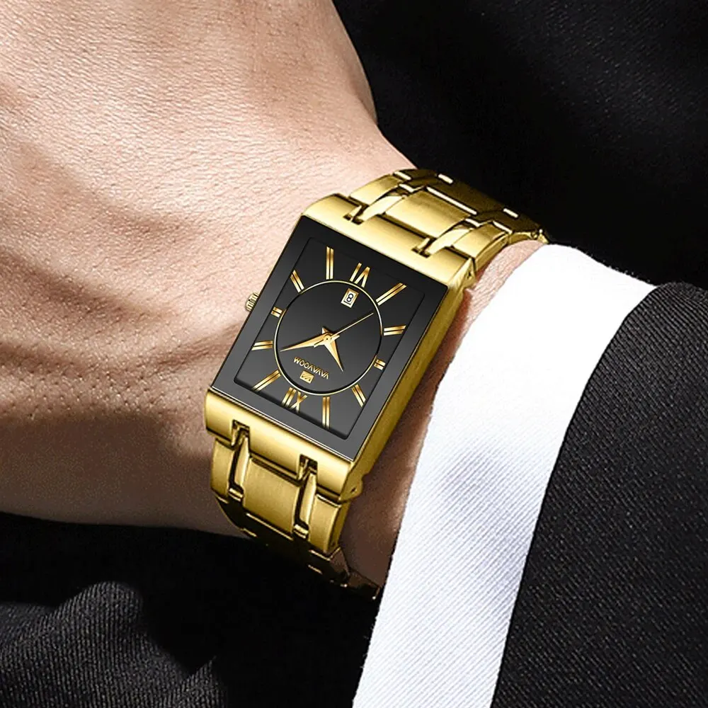 Men Business Watch Simple Design Luxury Fashion Rectangular Black Gold Stainless Steel Calendar Waterproof Quartz Men's Watches 3