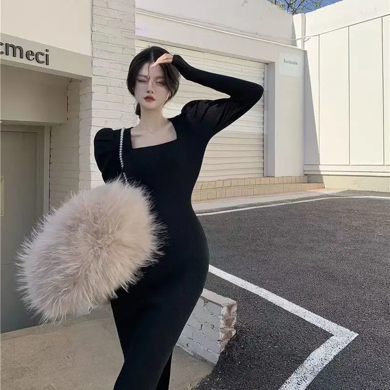 

Autumn Winter Puff Long Sleeve Knitted Dress Sexy Split Tight Sweater Dresses Women's Square Neck Hip Wrap Elegant Dresses Women