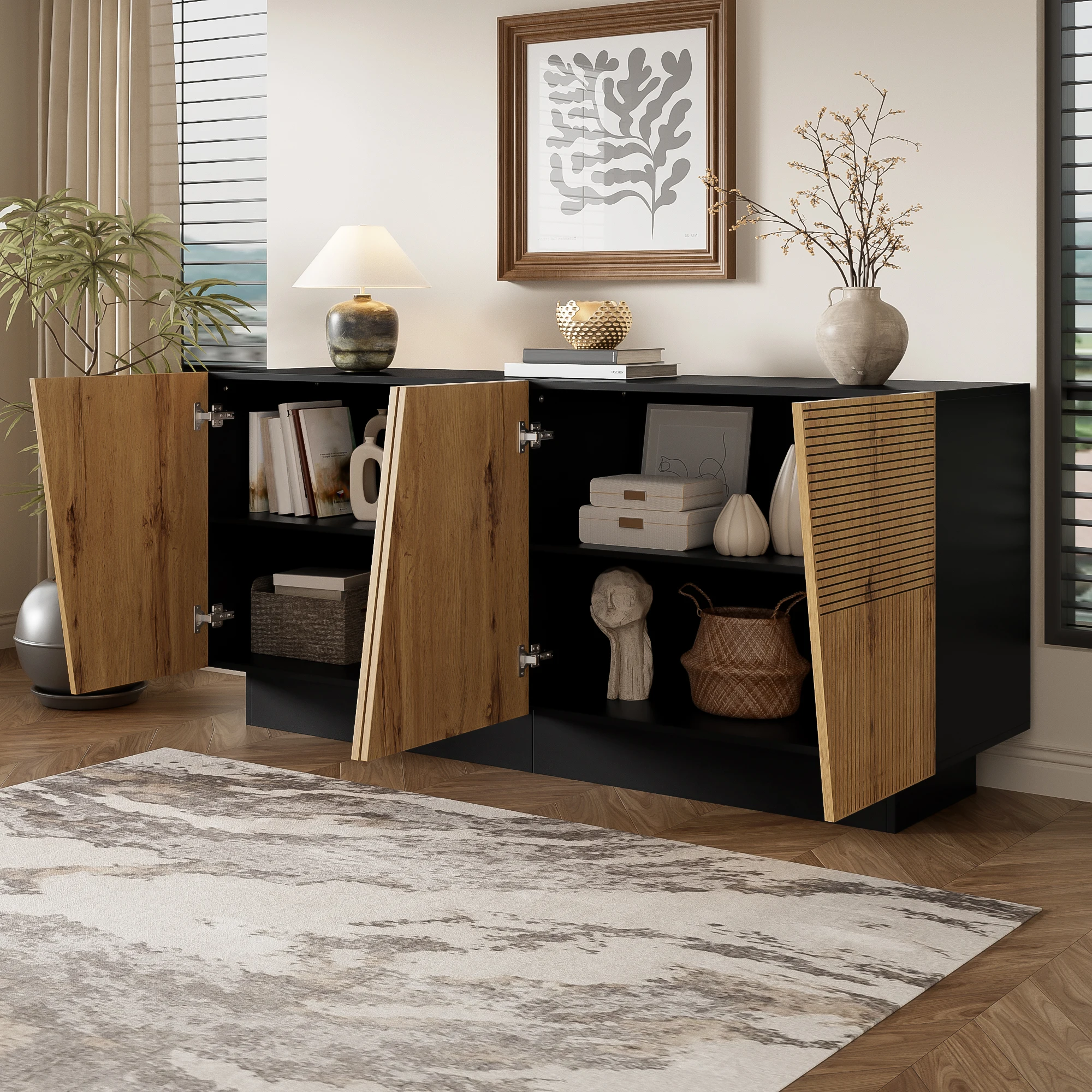 Modernes 160-cm-Sideboard mit viel Stauraum, geometrischem Design und verstellbarem Regal – Aufbewahrungsschrank für das Wohnzimmer – Detail 8