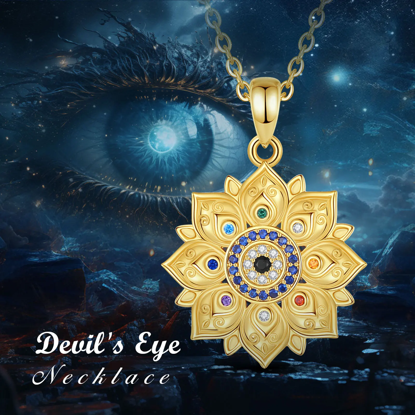 Eudora 925 Sterling Silver Lotus Evil Eye Necklace for Women Man 18K Gold Flower 7 Chakras Amulet Pendant Personality Jewelry