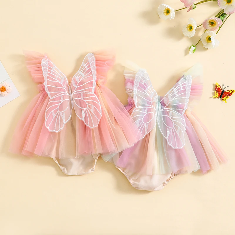 

Infant Girl Rompers Dress Embroidery Butterfly Wing Fly Sleeve Rainbow Color Tulle Skirt Hem Jumpsuits Clothes Baby Bodysuits