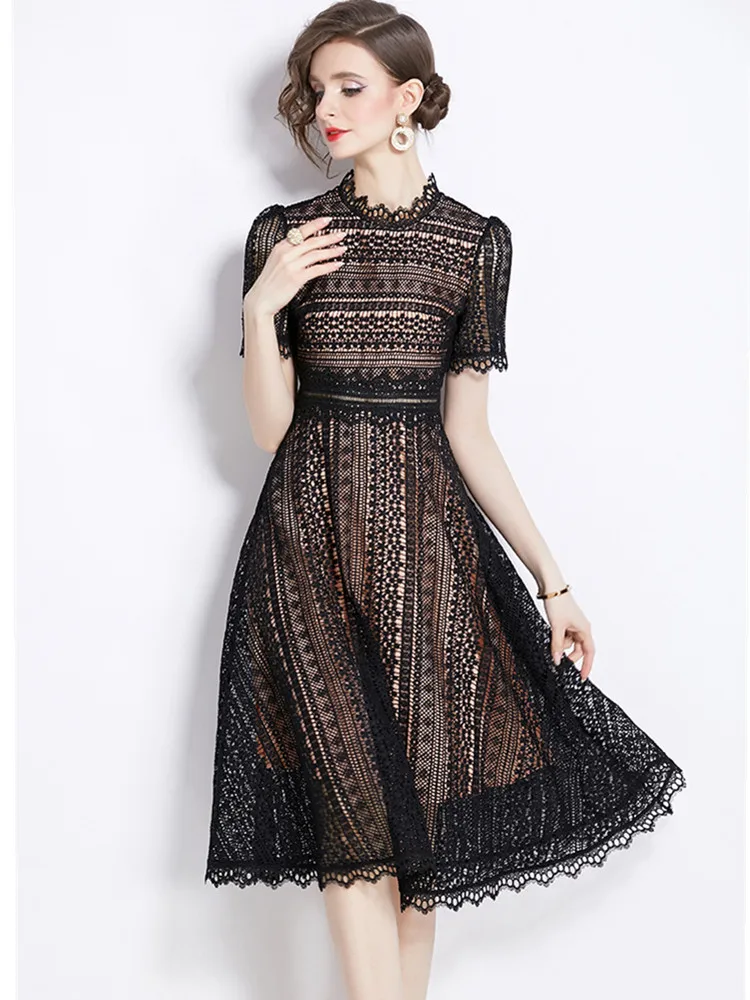 

SMTHMA Summer Fashion Lace Hollow Out Dress Women Vintage Elegant Runway Dress Vestido Da Festa Female Clothing