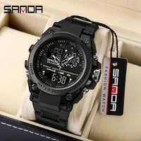 SANDA 6024 Military Shockproof Clock Sport Quartz Watch for Men LED Dual Display Electronic Digital Mens Wristwatches Waterproof