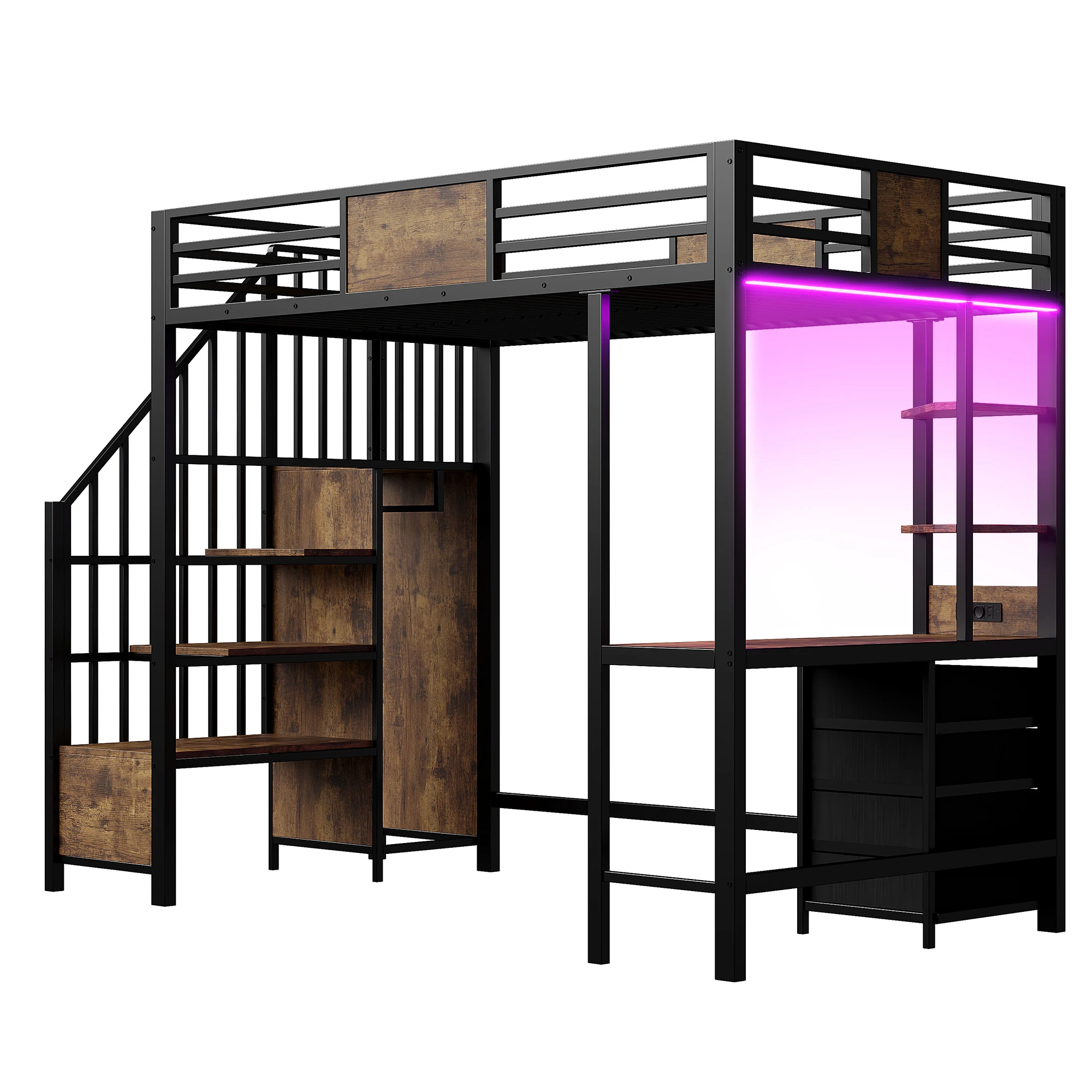 Metall-Etagenbett 90*200 mit Schreibtisch, Staufächern, Kleiderstange, LED-Beleuchtung und Steckdose. Multifunktionales Etagenbett – Detail 17