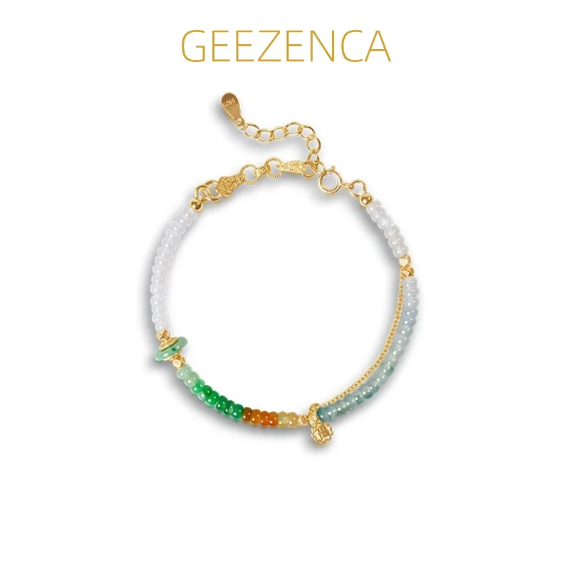 

GEEZENCA Natural Jadeite 4mm Beads 925 Silver 18K Gold Strand Bracelet For Women Ethnic Vintage Luxury Bracelets 2024 New Gift