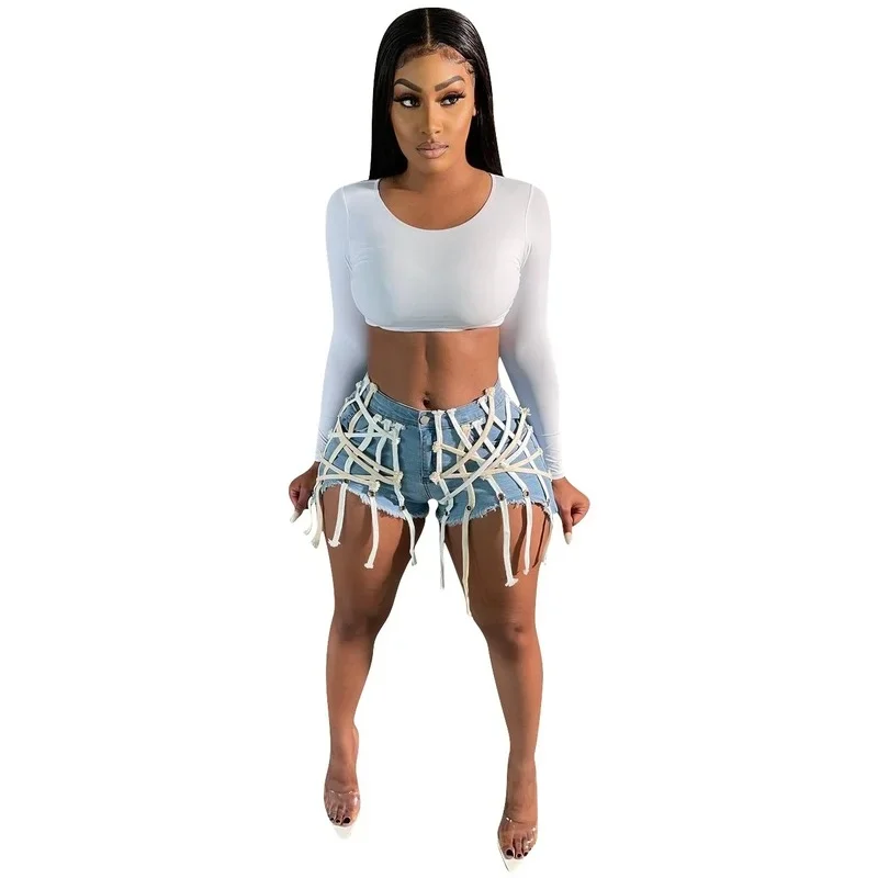 2023 New Women's Eyelet Bandage Denim Shorts Summer Hole Buttons Tight Jeans Plus Size Y2k Female Sexy Fashion Casual Streetwear