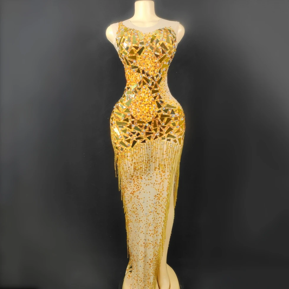 

Flashing Golden Mirror Surface Sequined Tassels Sheath Mesh Dress Sexy Performance Costume Outfit Celebrate Birthday Party Dress