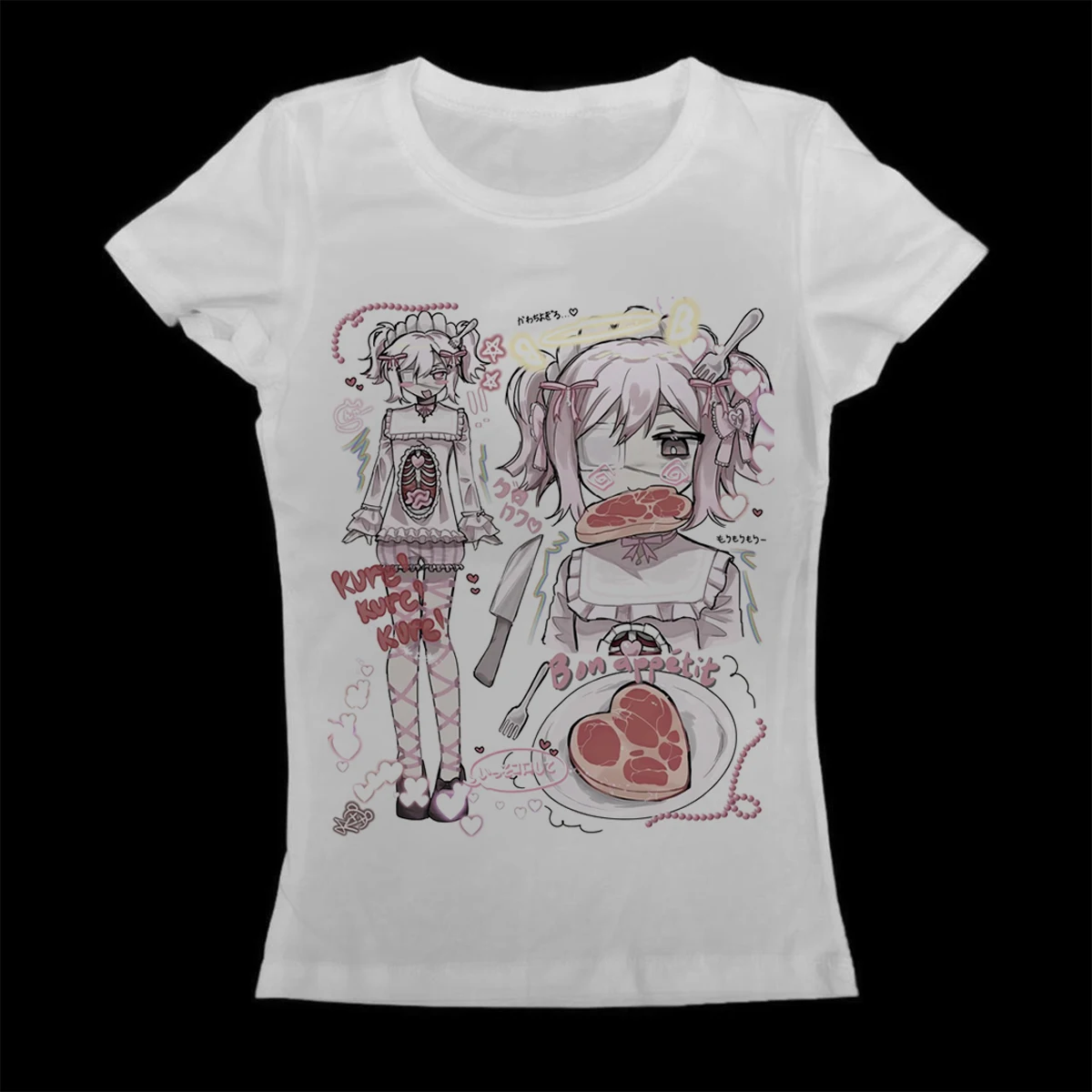 Yami Kawaii Anime Mädchen T-Shirt Damen Gothic Harajuku Bon Appetit Aufdruck Kurzarm T-Shirt Lässiges Sommer Damen Grafik-T-Shirt Top