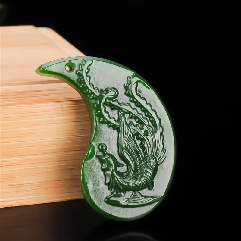 Natural Green Hand-carved Jade Pendant Jewelry Necklace Fashion Lovers Dragon and Phoenix Jade Pendant
