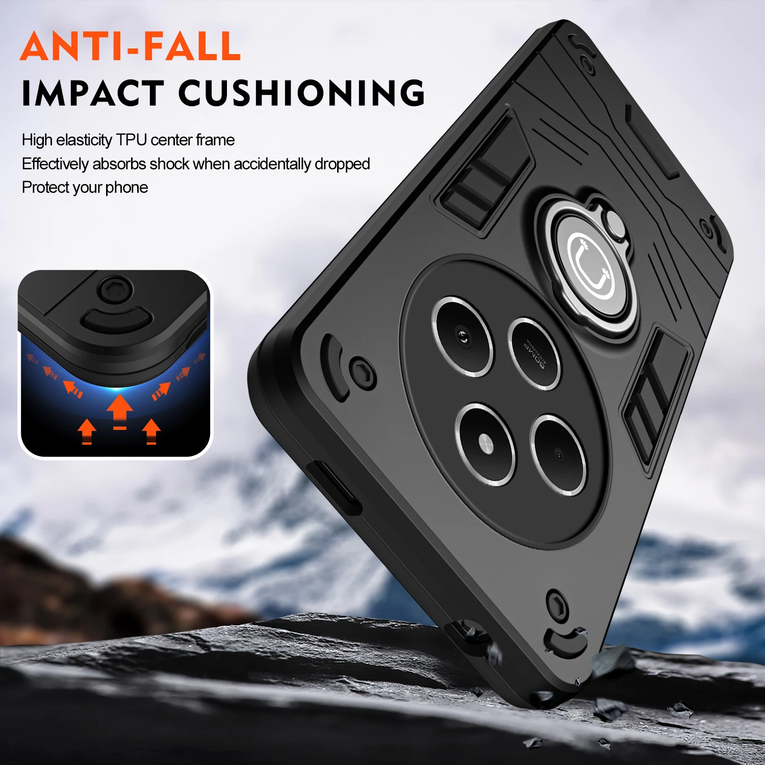 Rugged Shockproof Phone Case with Magnetic Ring Holder and Dual-Material Design