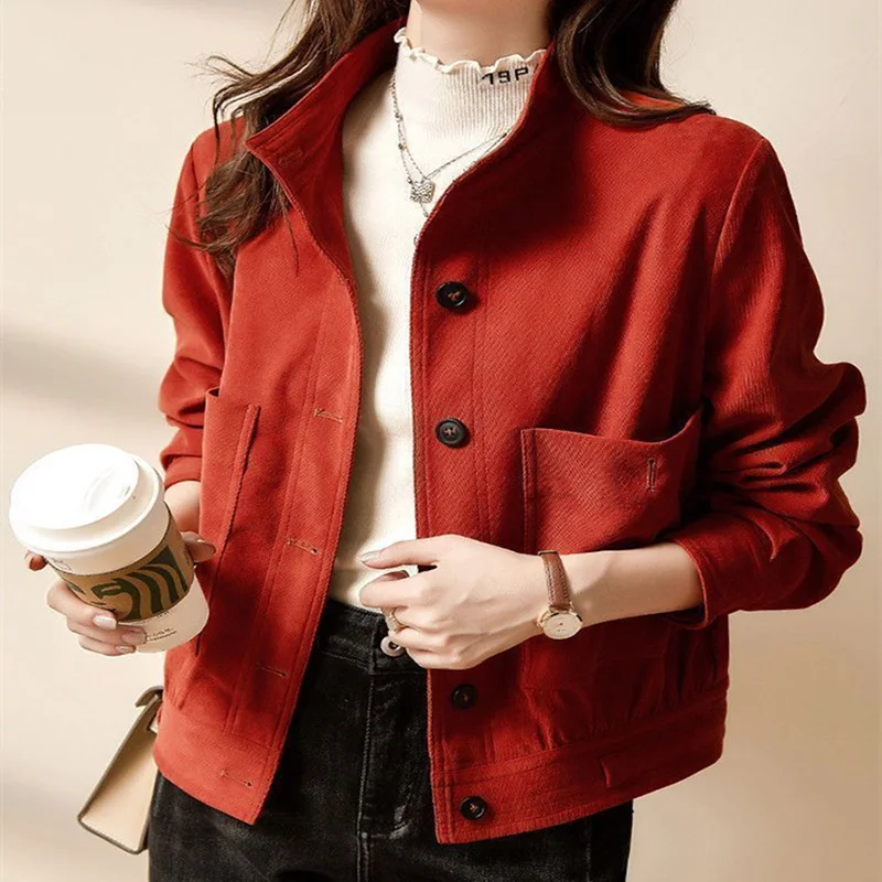 

Women Blue Corduroy Vintage Unlined Crop Jacket Casual Loose Coat Spring Long Sleeve Basic Solid Outwear Korean Elegant Chaqueta