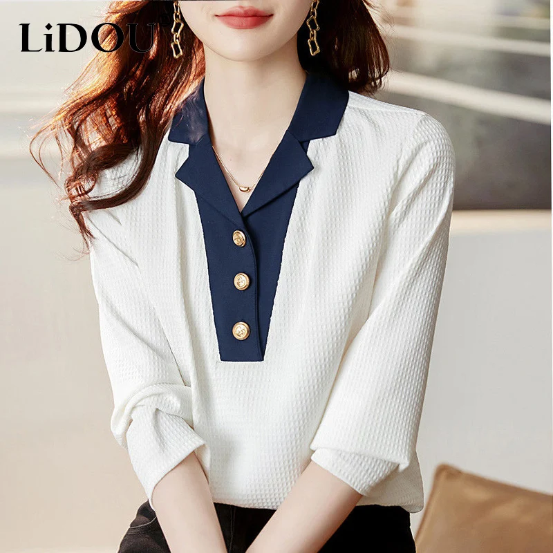

Spring Autumn New Contrast Color Fashion Long Sleeve Fake Two Pieces T-Shirts Women High Street Casual Loose Button Pullovers