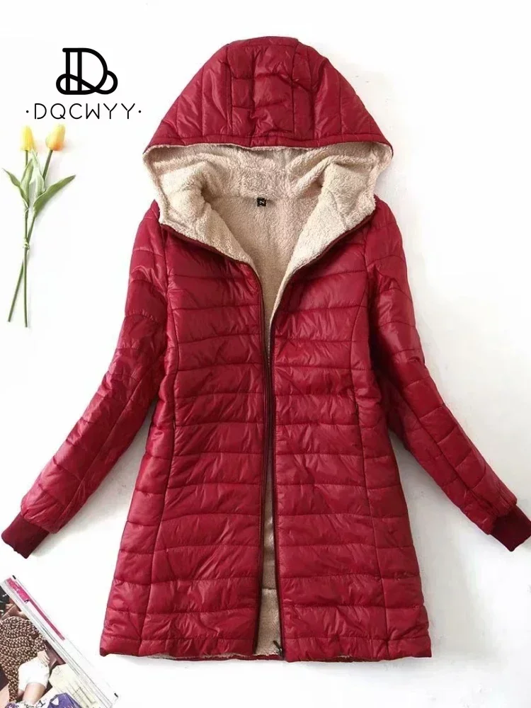 Women's Jacket Winter New Mid Length Korean Edition Hooded Fit Plus Fleece Cotton Coat Warm Lamb Fleece Parkas Winter Jackets 3