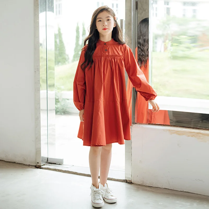 

New Teen Girls Midi Dress Long Sleeve 2022 Autumn New Kids Retro Princess Dress Children Cotton Casual Clothing Buttons, #7038