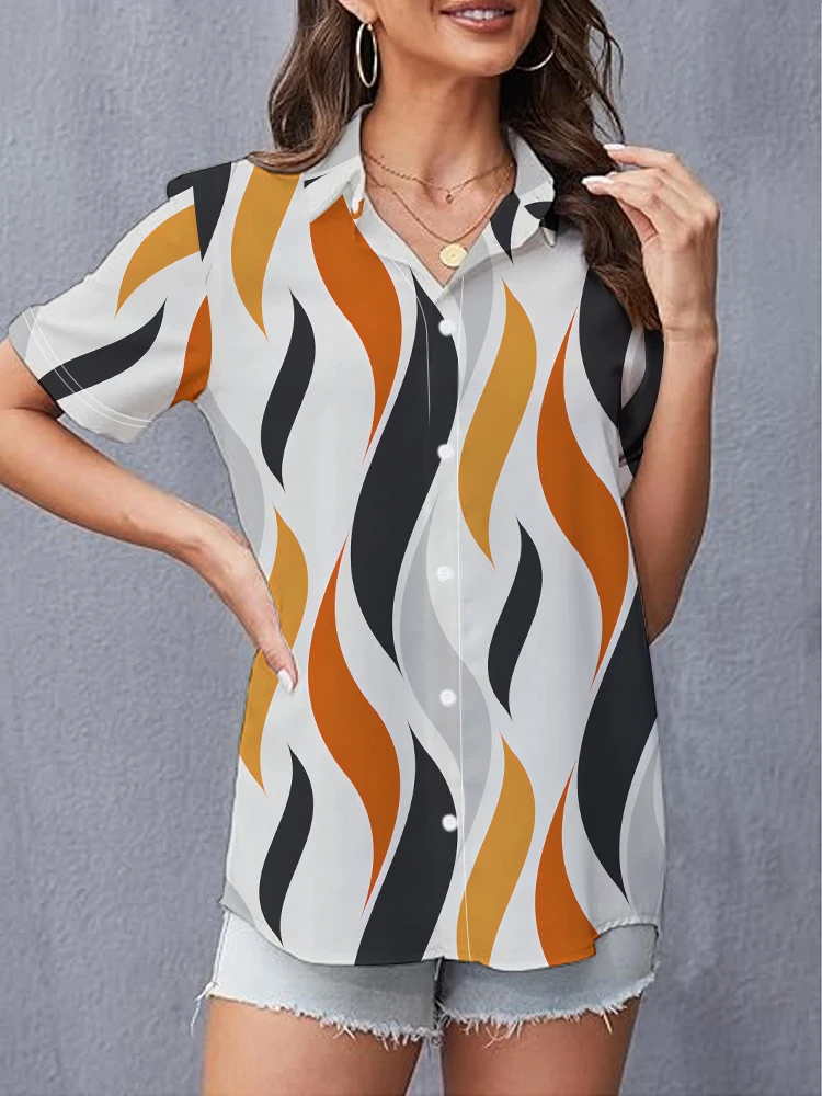 

Summer Ladies Lapel Short Sleeve Shirt Personalized Fashion 3D Digital Printed Shirt Ladies Hawaiian Style Short Sleeve Shirt