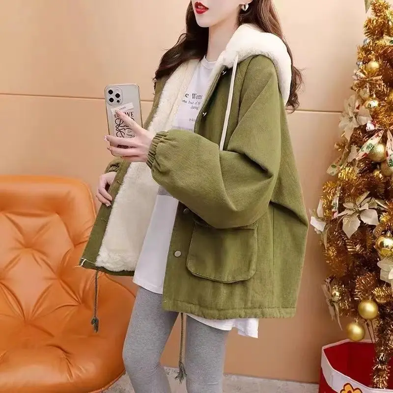 Plush Thicken Hooded Jean Jacket for Women 2023 New Autumn Winter Popular Casual Loose Lazy Style Short Style Overcome