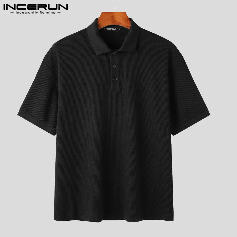 INCERUN Tops 2023 Korean Style New Men Breathable Texture Knitted Blouse Casual Solid All-match Short Sleeved Lapel Shirts S-5XL
