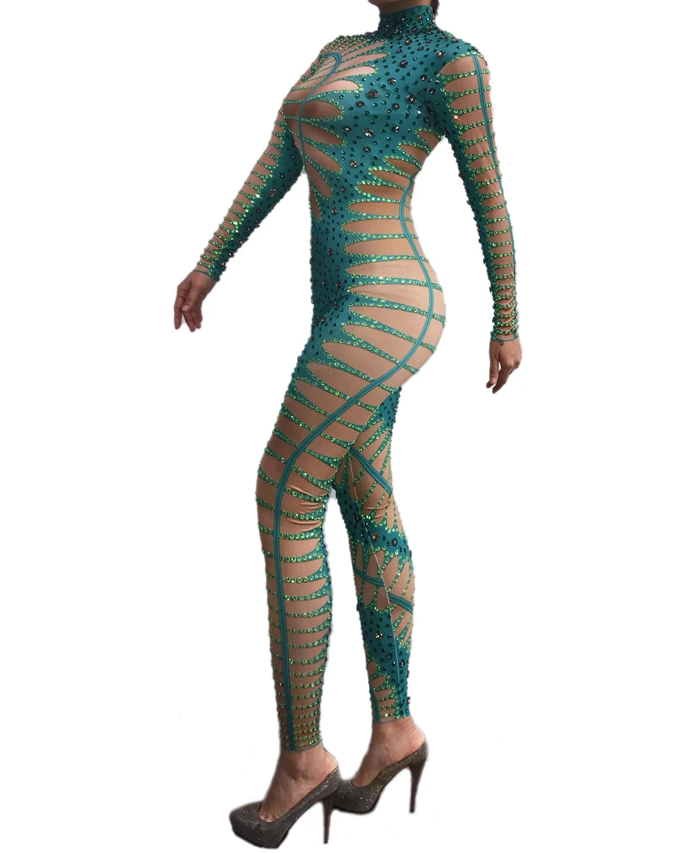 Sparkly Rhinestones Green Nude Jumpsuit Sexy Nigntclub Outfit Dance Costume Performance Clothing Party Celebrate Stage Show Wear women jumpsuit rhinestones dress women dance costume stage performance costume sexy evening dress