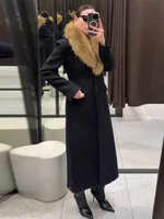 Elegant Faux Fur Wool Long Coat Women Solid Full Sleeve Lapel Patchwork Waist-closed Slim Coats Female Fashion Winter Outwear 3