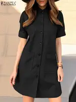 ZANZEA Elegant Women Knee-length Dress Short Sleeve 2024 Summer Button Up Work Vestido Fashion Turn-Down Collar Cargo Shirtdress - Image 3