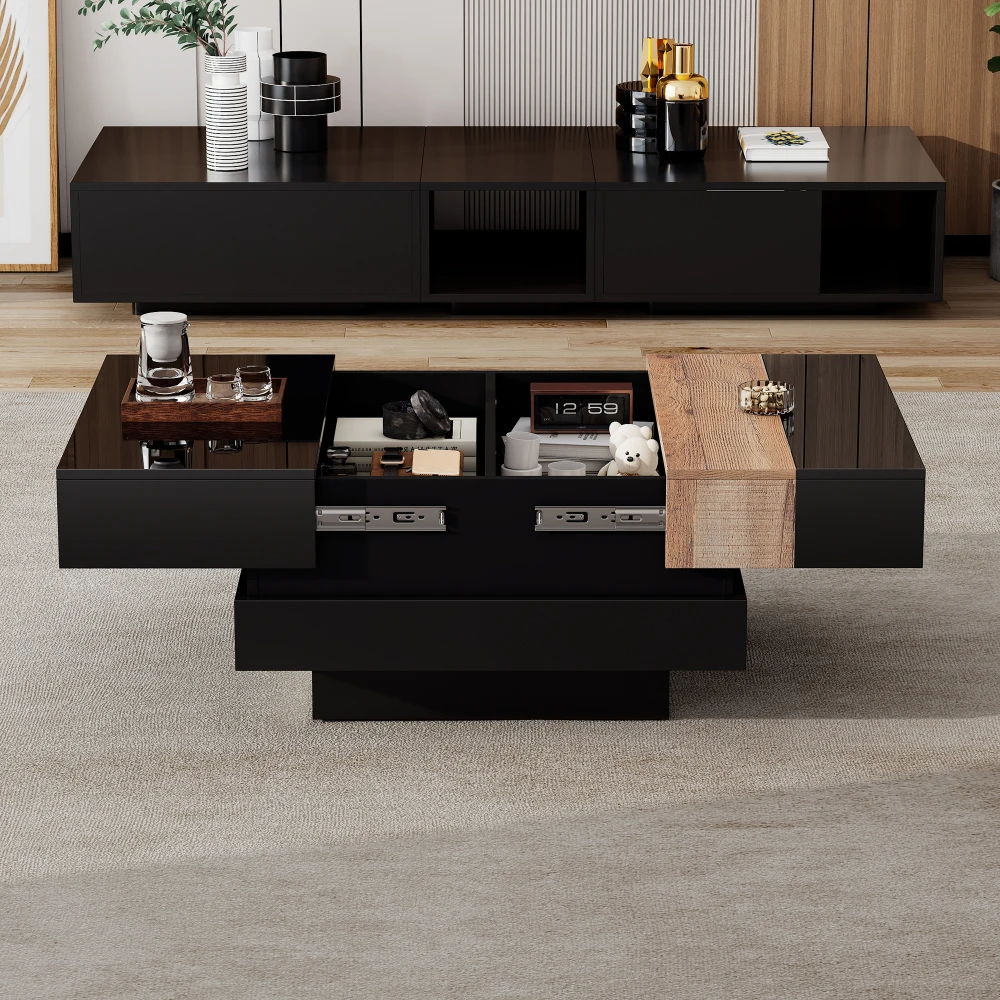 Moderner, hochglänzender, quadratischer Couchtisch, 70 x 70 x 39 cm, ausziehbares Design mit versteckter Stauraum, Farbblock-Wohnzimmer-Beistelltisch – Detail 2