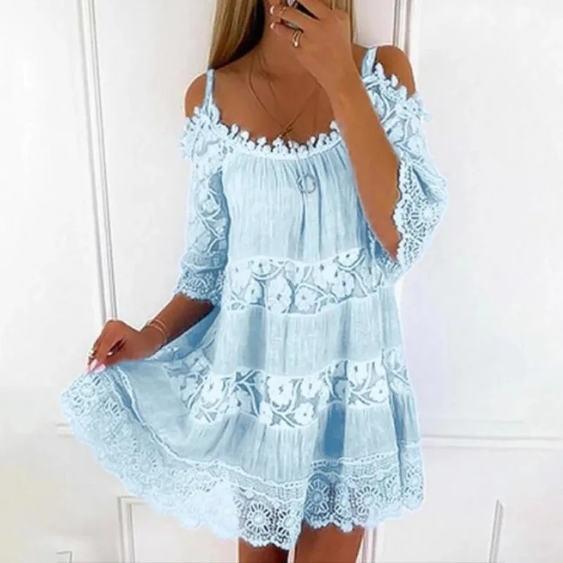 Elegant Women's Lace Dress Crew Neck Short Sleeve Sexy Off-Shoulder Skirt Suspender Fashion 26249