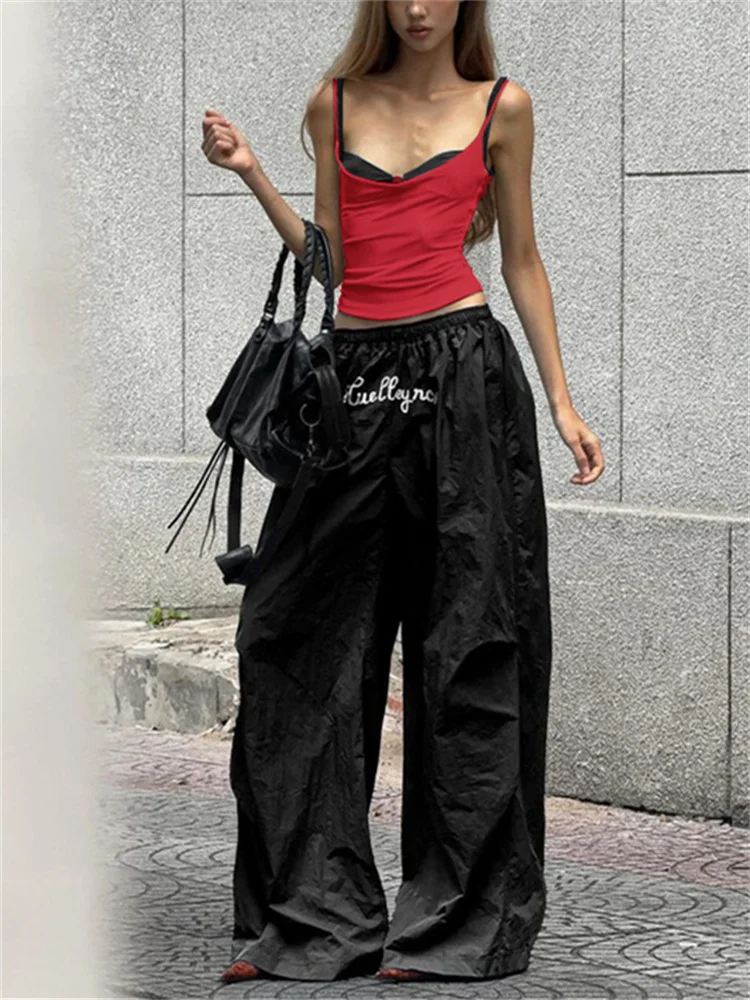 

SUNSIREN Y2K Streetwear Parachute Pants Women Oversized Hip Hop Track Pants Sexy Solid Crop Camisole Kpop Three Pieces Pants Set
