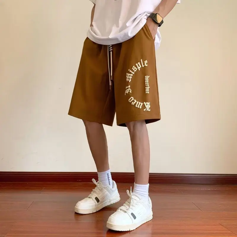 American Style Trendy Summer Casual Shorts Men Elastic Waist Drawstring Letter Fashion Sports Big Size Loose Knee Length Pants