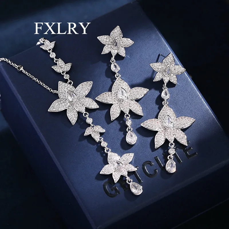 

FXLRY Unique Design White Color Cubic Zircon Elegant Flower Petals Necklace Earrings Dinner Dress Wedding Jewelry Set