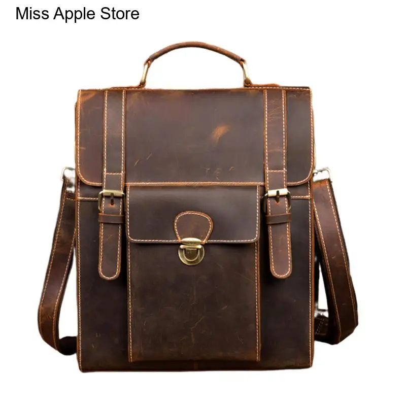 

Backpack One Shoulder Satchel 14 Inch Tablet New Crazy Horse Genuine Leather Business Men's Briefcase Women's Vintage Handbag