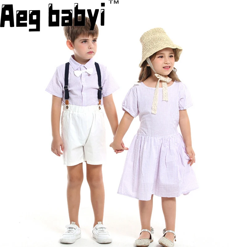 

Summer Brother And Sister Kids Matching Outfits Baby Boys Gentleman Suit Princess Baby Girls Party Dress Sets Children Clothes