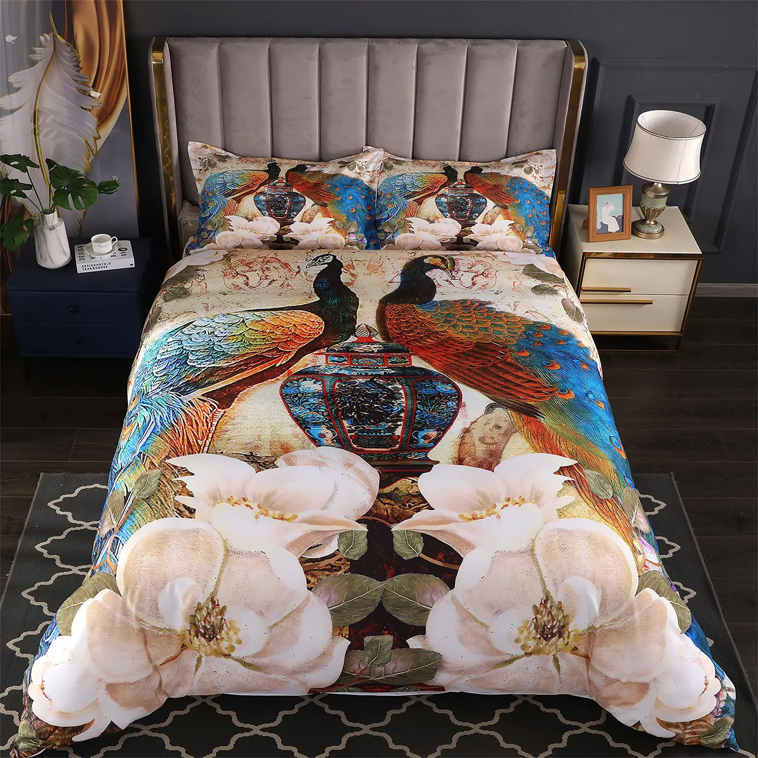 Peacock Duvet Cover Set King Size Floral Pattern Bedding Set Retro Peacock Feather Floral Theme Comforter Cover Luxury Quilt Set 2