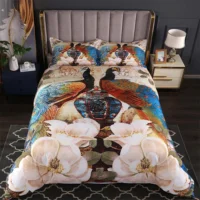 Peacock Duvet Cover Set King Size Floral Pattern Bedding Set Retro Peacock Feather Floral Theme Comforter Cover Luxury Quilt Set 2