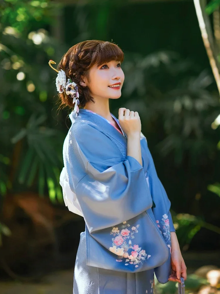 

Japanese Style Women's Traditional Kimono Retro Blue Color Floral Prints Yukata Set Cosplay Wear Stage Performing Dress