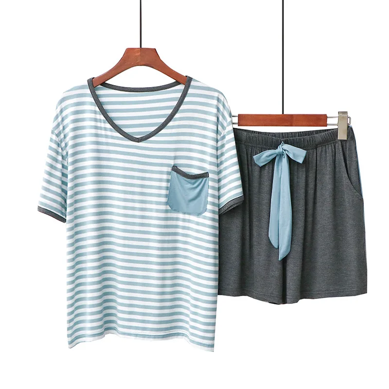 

New Short Sleeve Shorts Set Modal Stripe Summer Pajamas For Women Housewear Night Wear Suit Loose Sleepwear Home Clothing