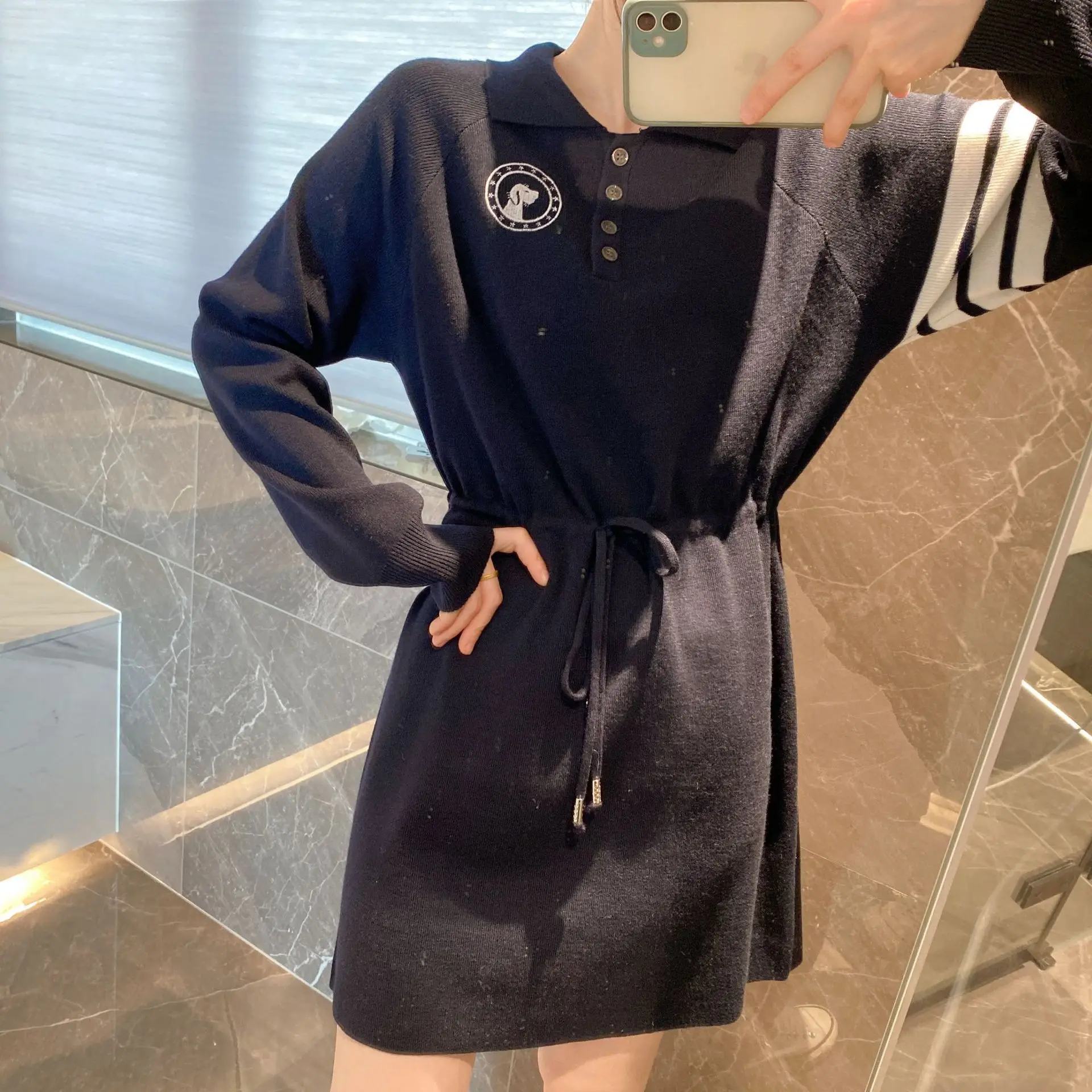 

High Quality Korean Fashion TB Four Bar Stripe Star Waist Waist Show Thin Dress Reduced Age Hooded Zipper Knitted Dress