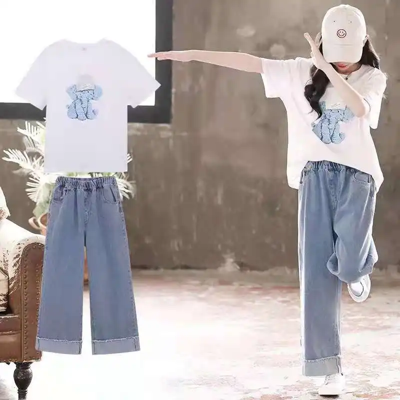 

2023 summer teens Girls cartoon loose white elephant t-shirt + wide leg demin long Pants jeans Clothes 8 10 12 14 16 Years