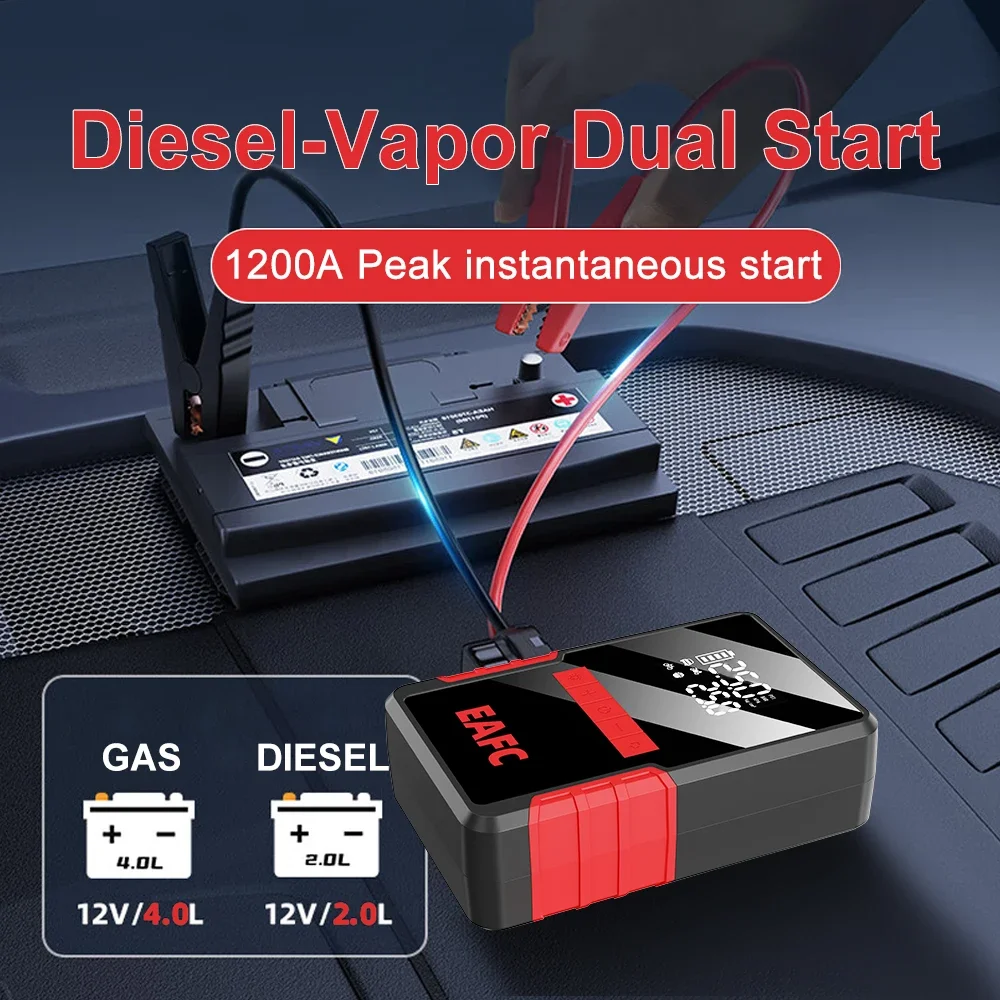 EAFC 12V Car Emergency Jump Starter& Air Pump1200A Car Battery Booster Starter with150PSI Tire Inflator LED Display for Auto SUV car jump starter,jump starter